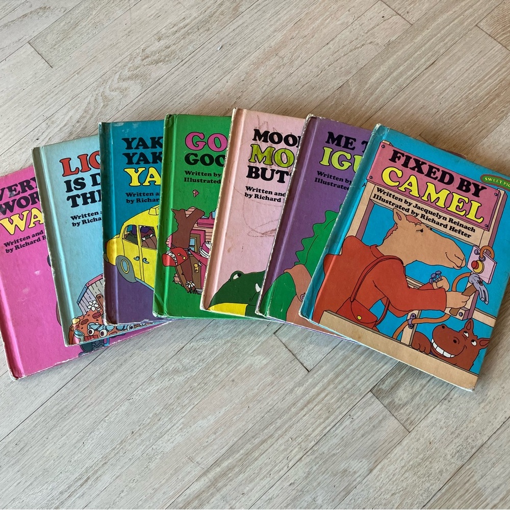 Lot of seven sweet pickles books moose iguana walrus camel yak lion and goose